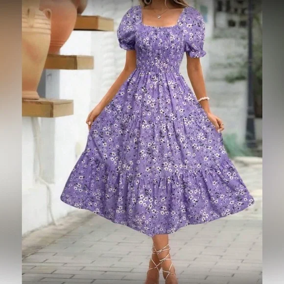 Black Floral Midi Dress with Smocked Bodice - Picture 3 of 9